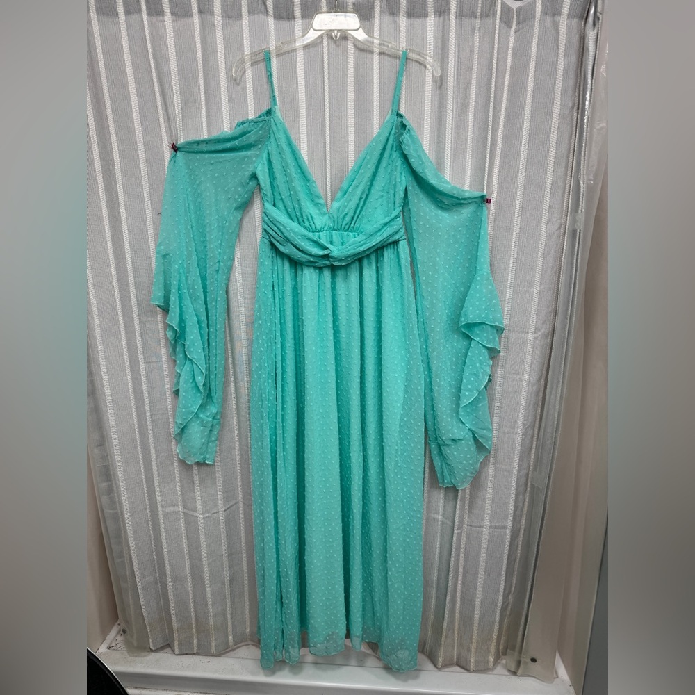 Mint swiss dot cold-shoulder maxi dress bell sleeves deep V-neckline Size L NWT